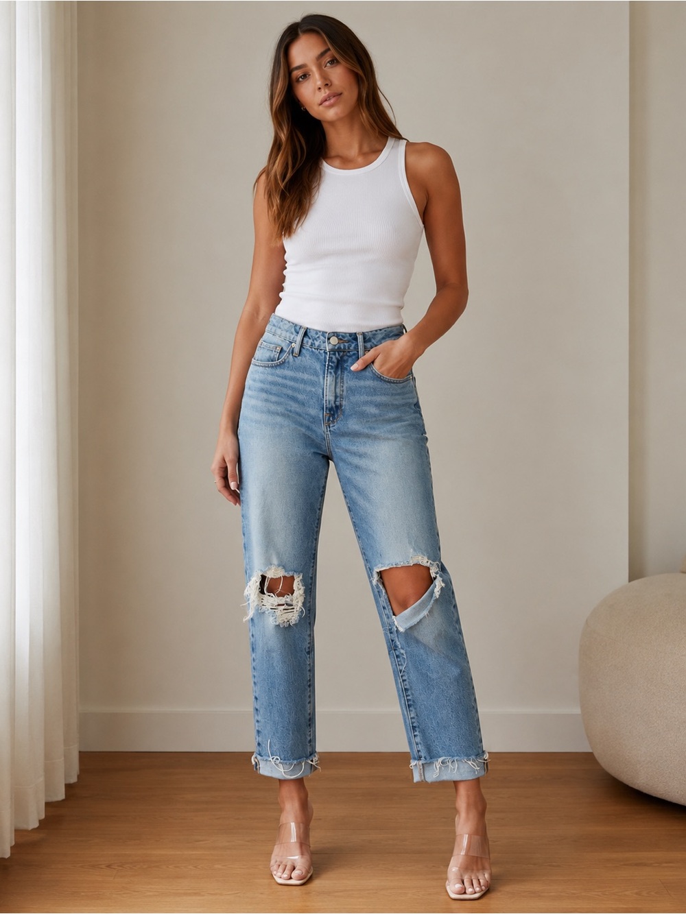 Good American Light Blue Boyfriend Jeans with Knee Rips Size 6